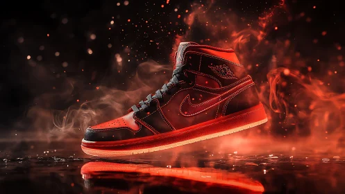 Incandescent red-black sneaker in dynamic vapor-lit suspension.
