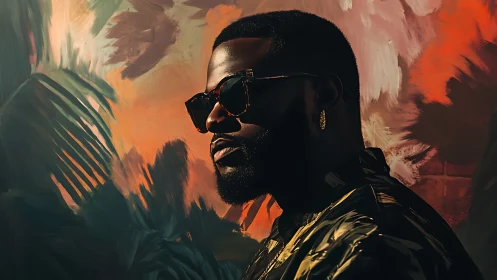 Midnight muse in tropical brushstrokes and ember light.