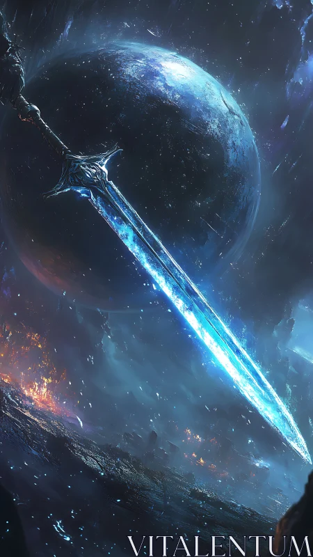 Celestial blade descends over a burning war-torn world