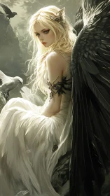 Twilight winged maiden between doves and ravens, half-shadowed.