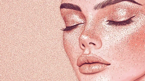 Glitter-dusted serenity drifts across a blushing digital visage