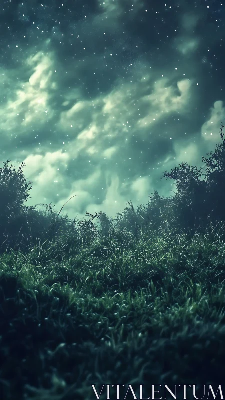 Moonlit meadow under glowing star-streaked night sky.