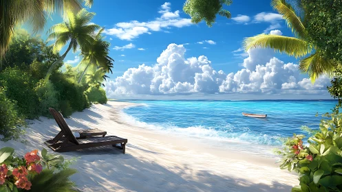 Tropical Maldivian Island Shoreline with Lounge Chairs, Palm Trees