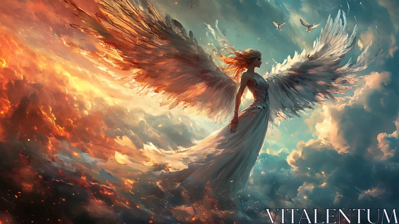 Radiant angel rises between firelit storm clouds and calm sky