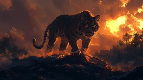 Tiger walks across rocky ridge under intense burning sky