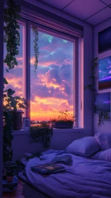 Dreamy bedroom window framing neon-tinted sunset clouds.