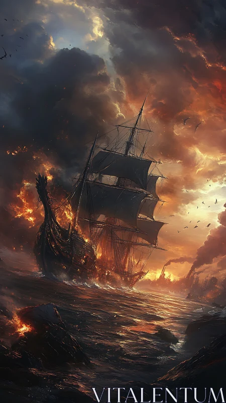 Fiery twilight voyage with a proud ship braving the storm.