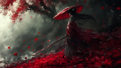 Digital painting of red-clad samurai woman in storm of petals.