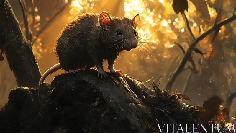 Curious forest mouse pauses on a mossy log at golden dusk