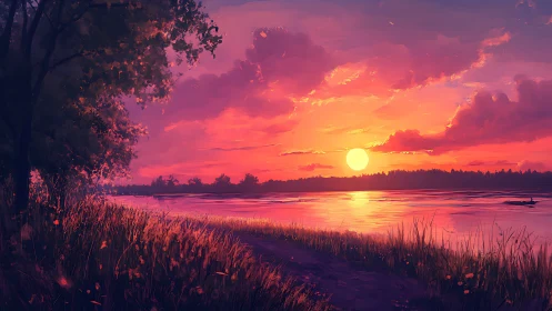 Sunset river hush with ember clouds and drifting silence.