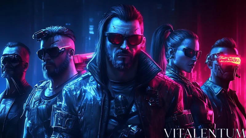 Neon-lit cyberpunk team stands ready in bold futuristic style