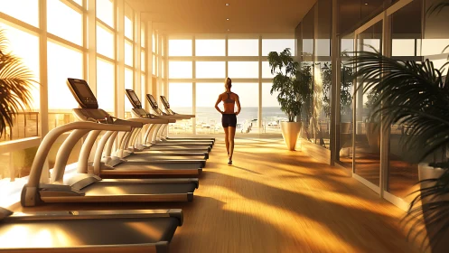 Sunlit coastal fitness studio with aligned treadmills panorama.