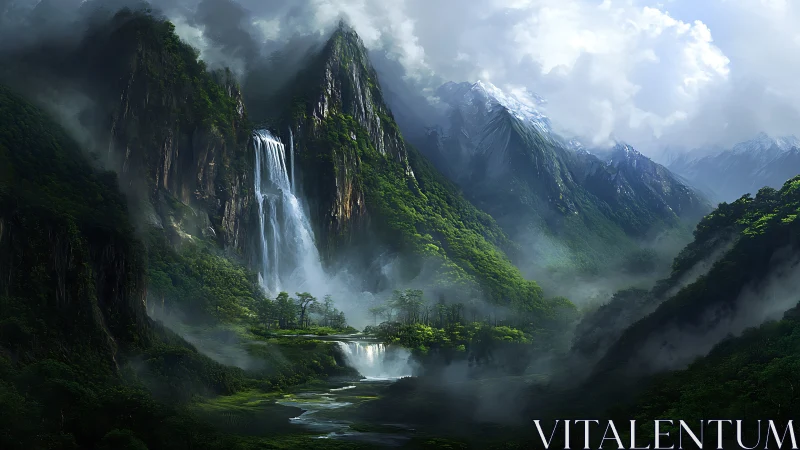 Verdant cliffs cradle a cascading river of drifting mist