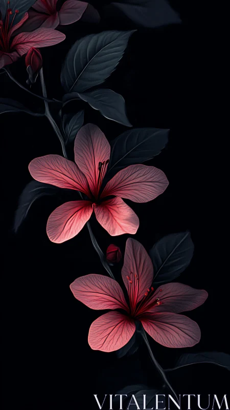 Red flowers with dark foliage against black background