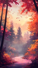 Autumn forest landscape with stream and atmospheric foliage.