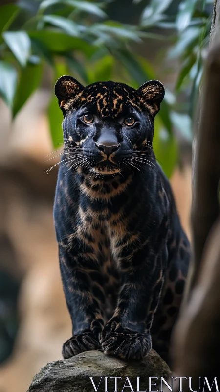 Melanistic jaguar poised on rock in shallow-depth portrait study