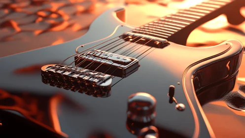 Glossy electric guitar close-up under molten light glow.