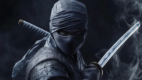 Mysterious ninja poised with gleaming katana in moonlit haze.
