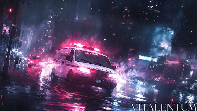Neon storm ambulance racing through rain-slicked city streets.
