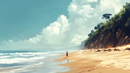 Solitary beach wanderer traces quiet tides beneath cliffs