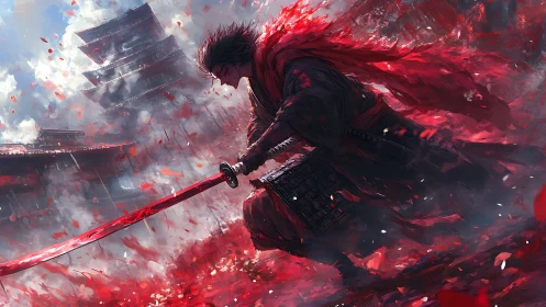 Scarlet samurai lunging through storm of blossoms and blood.