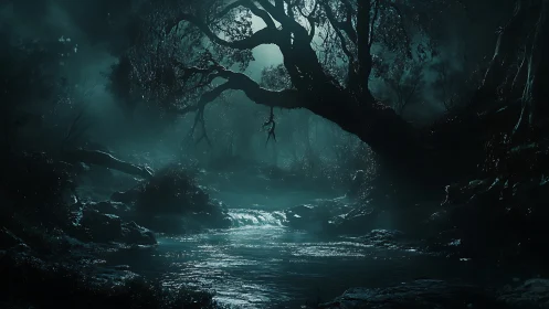 Nocturnal river bend under gnarled overhanging forest canopy