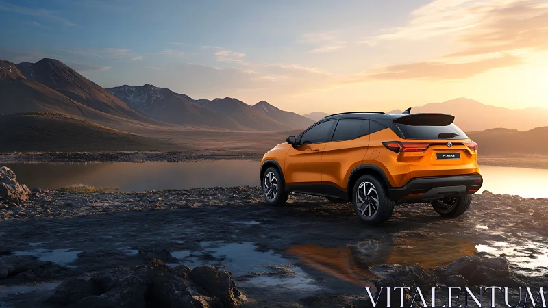 Orange crossover SUV parked beside remote mountain lake at dusk.