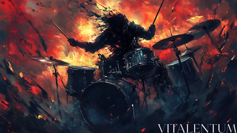 Fiery silhouette drummer surrounded by explosive abstract strokes.