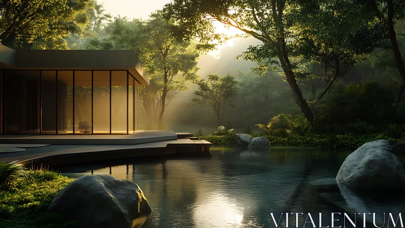 Sunlit modern retreat rests gently beside a tranquil forest pond