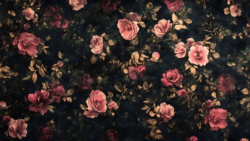 Vintage roses drift across dark textured floral field.