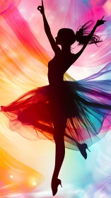 Silhouette of ballerina against multicolored abstract backdrop.