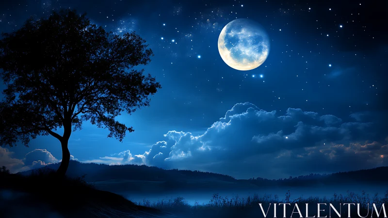 Luminous full moon over misty nocturnal landscape.
