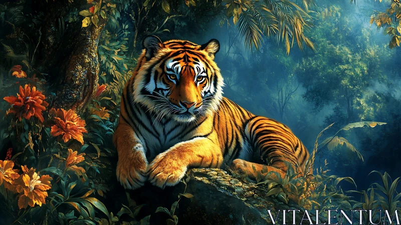 Bioluminescent jungle apex predator in chromatic repose.