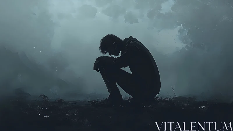 Solitary figure sits in mist, embodying quiet inner sorrow