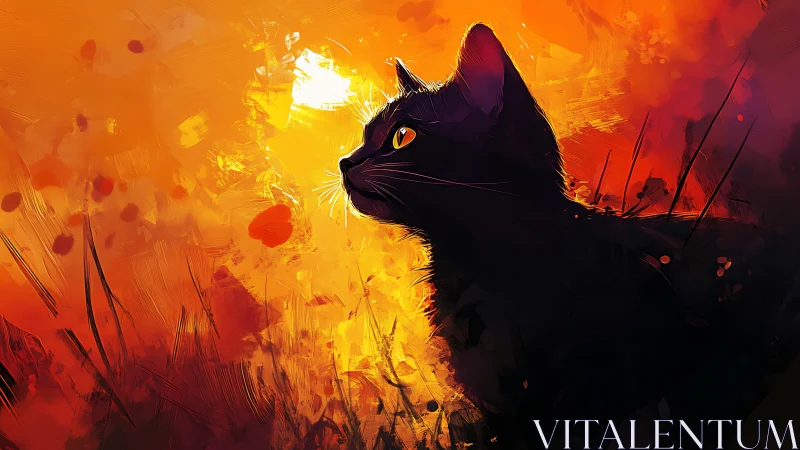 Black cat silhouette faces bright orange abstract light