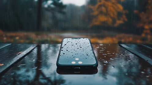 Smartphone with water droplets on wet surface.