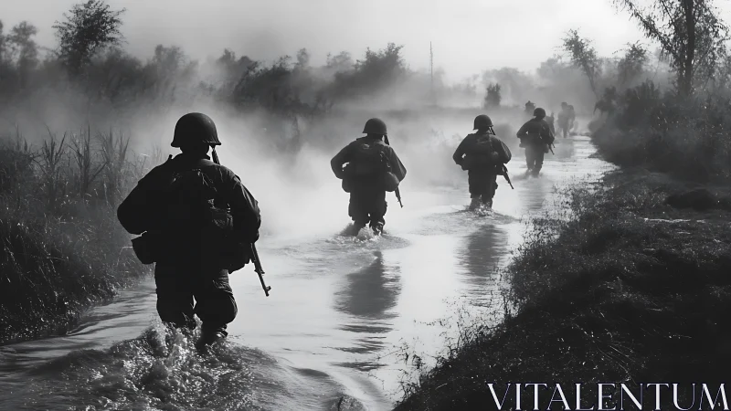 Soldiers advancing through misty flooded battlefield canal.