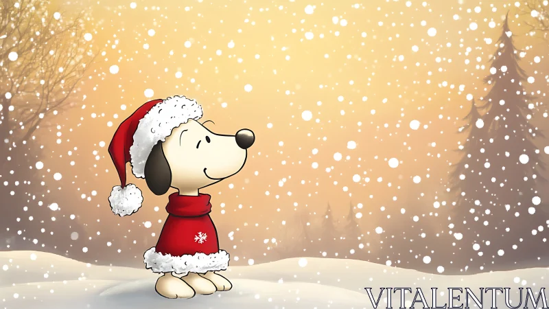 Cartoon dog in Santa outfit under gentle winter snowfall.