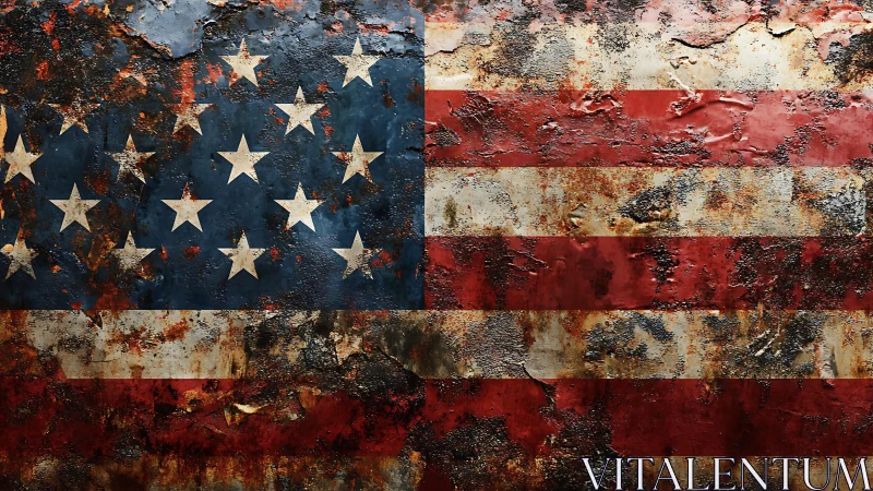 Tattered American flag etched in rust and stubborn memory.