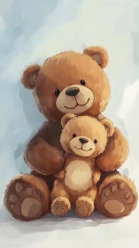 Brown teddy bear hugs smaller bear against soft backdrop.