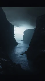Cinematic seascape gorge in low-key photorealistic lighting.