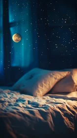 Moonlit pillows drifting under a bedroom sky of stars.