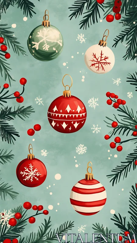 Festive Christmas ornaments suspended amid stylized fir branches