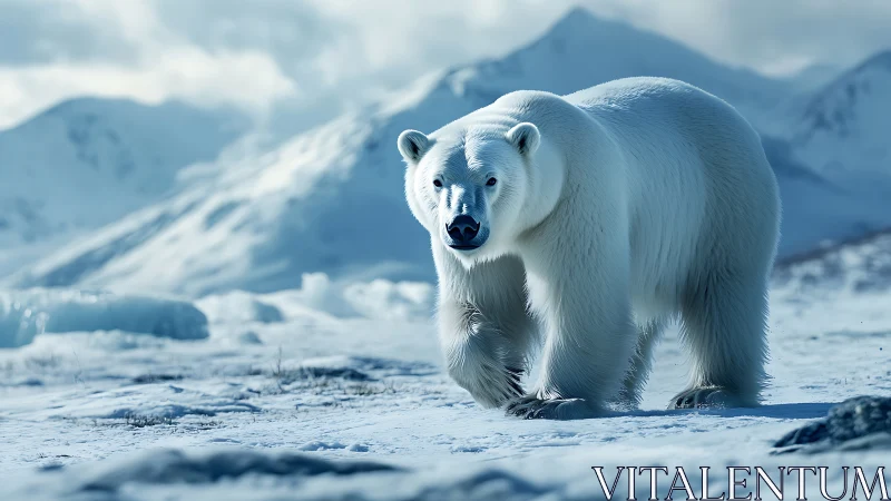 Polar bear wandering through quiet blue Arctic mountainscape.