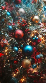 Decorated evergreen tree with multicolored baubles and lights.