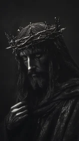 Monochrome sorrowful figure with thorn crown and shrouded cloak