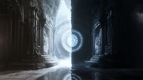 Twin void temples split by a blinding cosmic gateway.