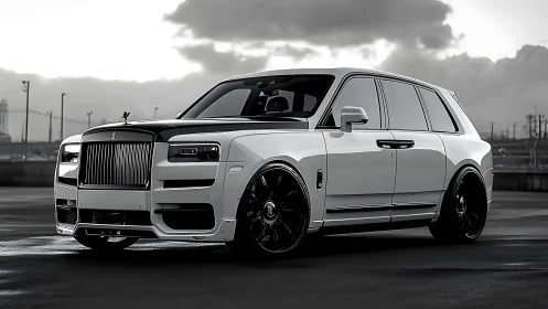 White luxury SUV parked on wet asphalt under cloudy sky