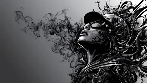Monochrome abstract portrait merges figure with swirling smoke