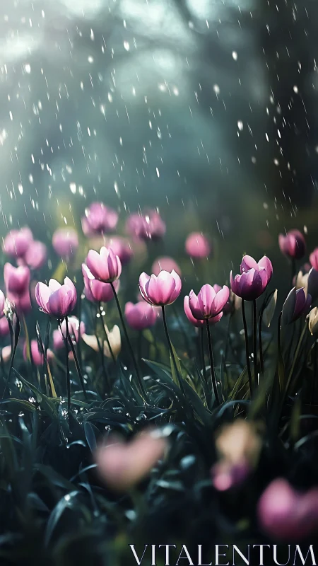 Pink Tulips In Rain. Storm Light Garden Flowers.